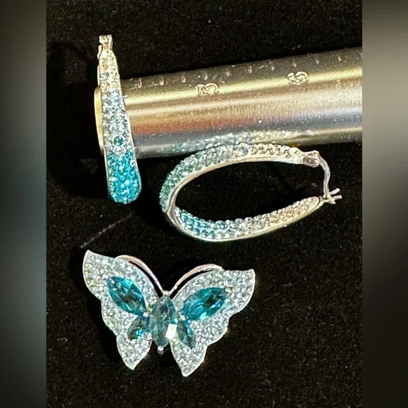 925 Sterling Silver Blue Butterfly Necklace & Earrings Set Enamel Rhinestones - Picture 2 of 6